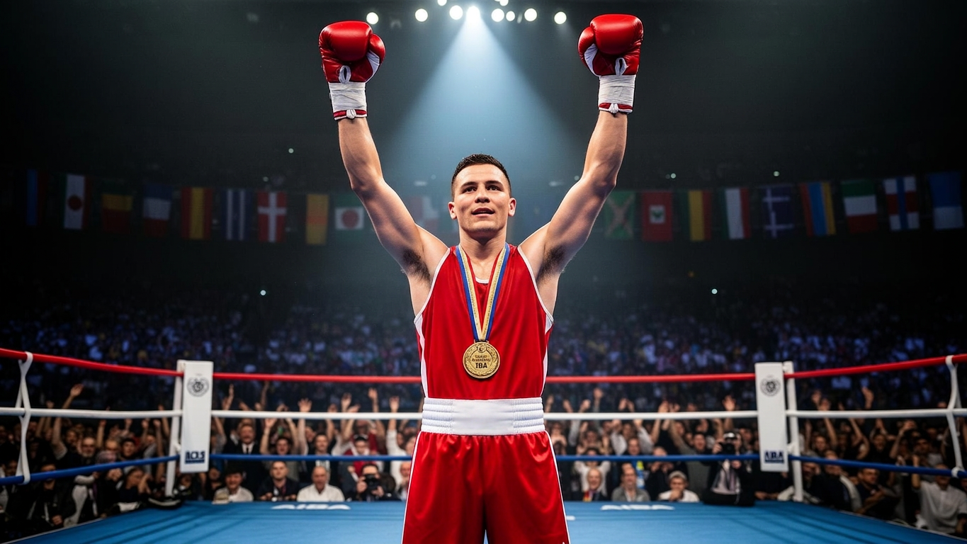 Champion raising arms with title belt